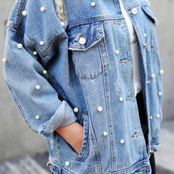  Distressed Pearl Bead Jean Denim Vintage Jacket - Picture 2 of 8